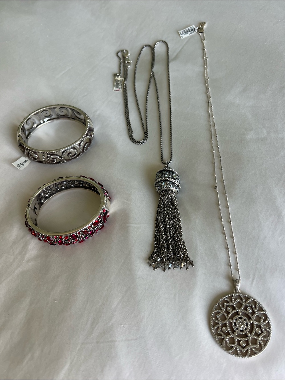 Brighton Silver-Tone Bracelets and Tassel Necklace with Pink Crystal Bracelet